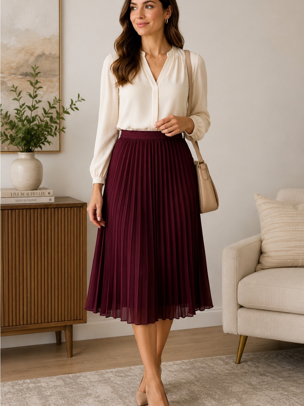 Worthington Burgundy Pleated Midi Skirt